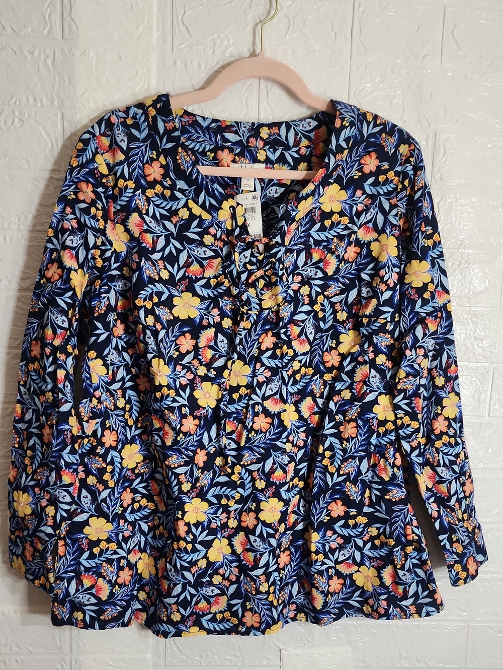Style & Co. Navy Floral V-Neck Blouse with Yellow & Coral Flowers
